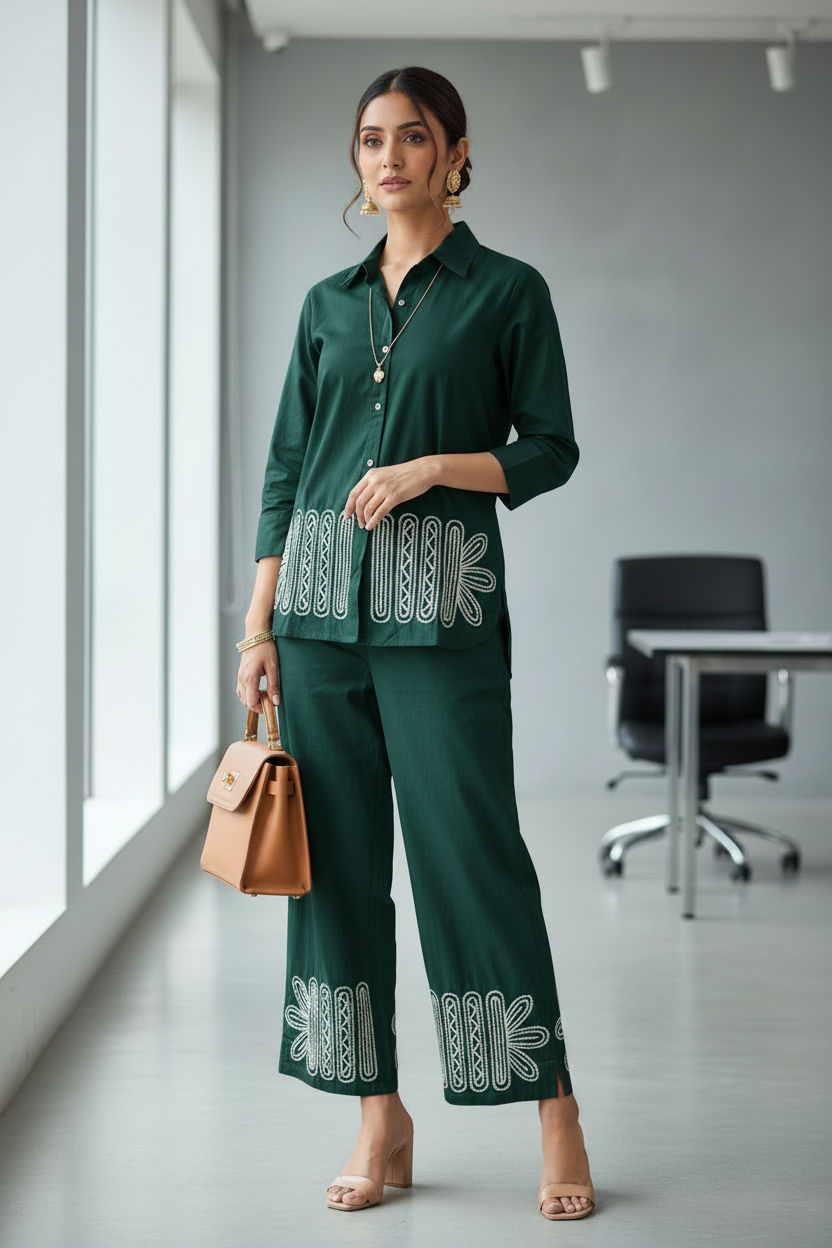 The Vanya Ease Dark Green Co ord Set