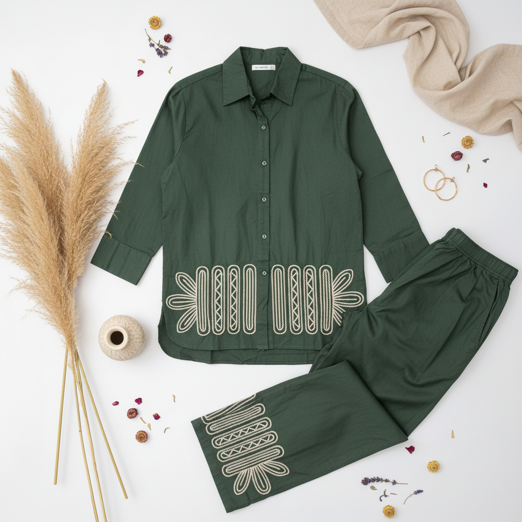 The Vanya Ease Dark Green Co ord Set