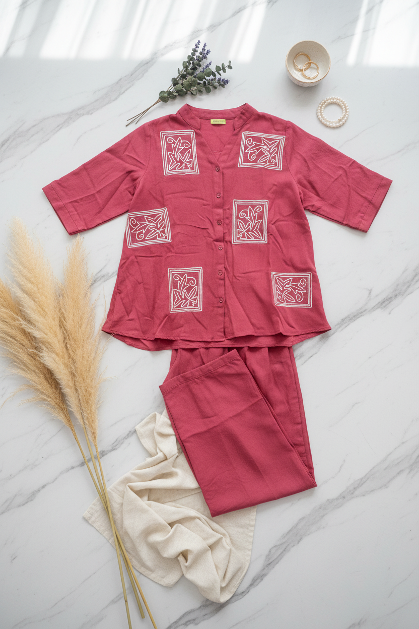 Aarohi Premium Cotton Co ord Set In Red