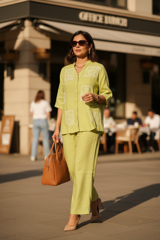 Aarohi Premium Cotton Co ord Set In Lemon Green