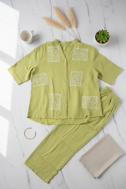 Aarohi Premium Cotton Co ord Set In Lemon Green