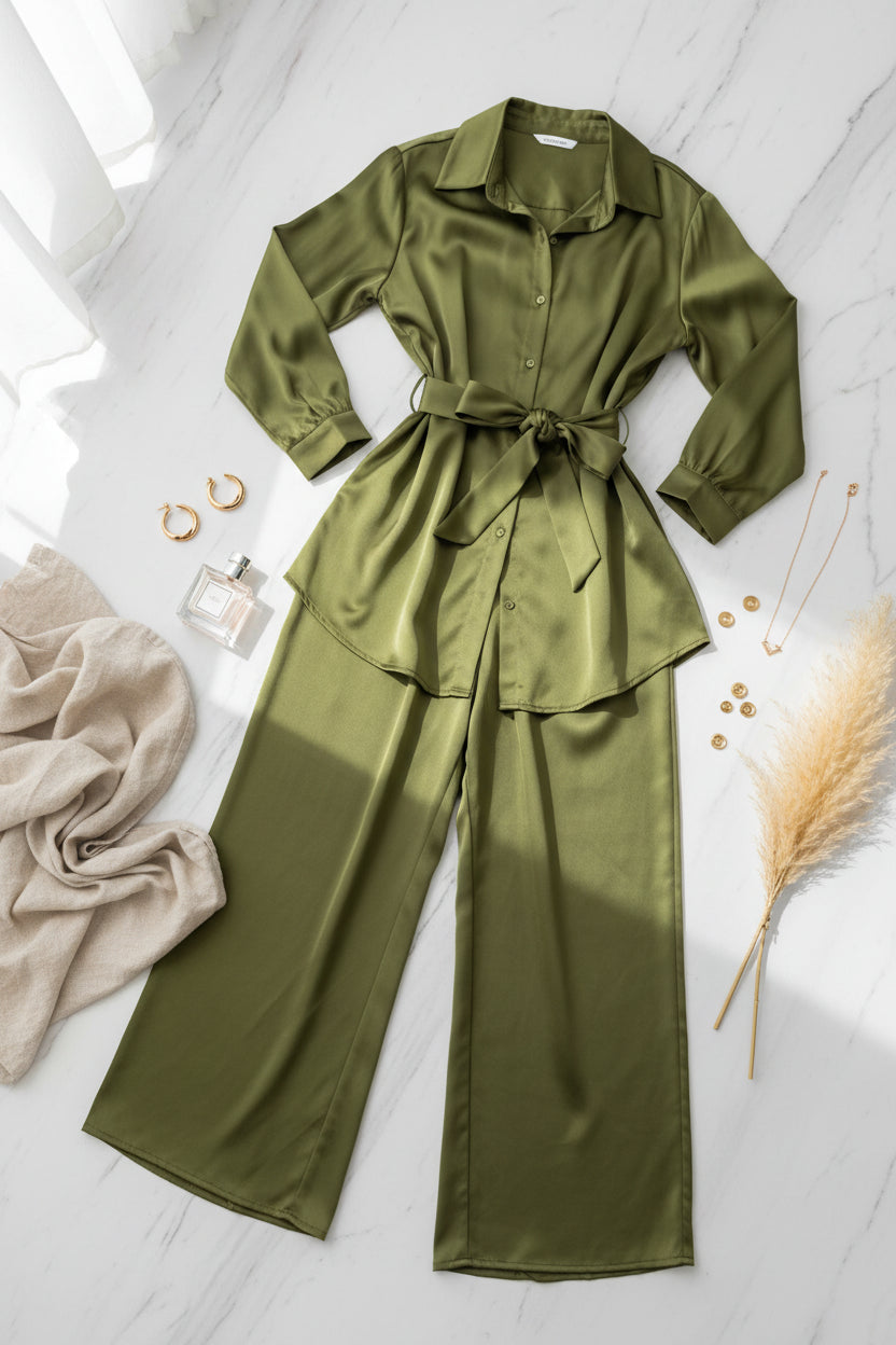 The Zivah Wrap Satin Coords in Green
