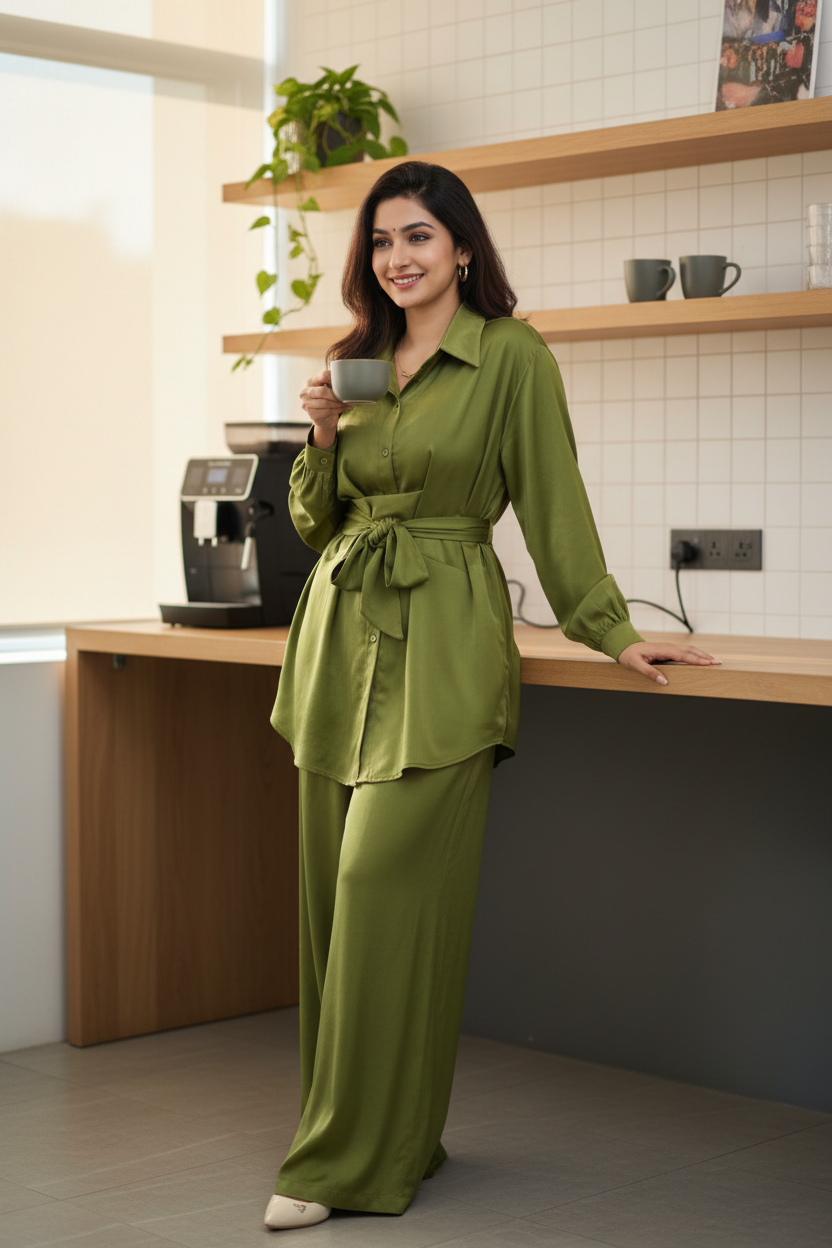 The Zivah Wrap Satin Coords in Green