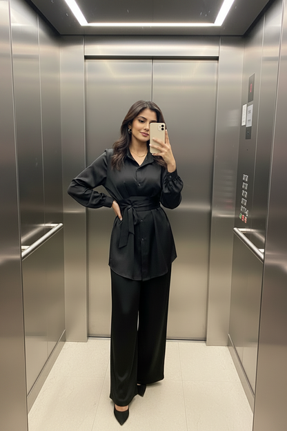 The Zivah Wrap Satin Coords in Black