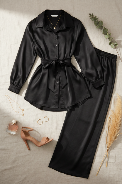 The Zivah Wrap Satin Coords in Black